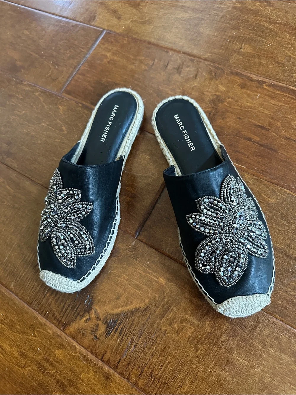 Mark Fisher 7.5 7 1/2 Leather Sparkle Black Leather Espadrille Slides Shoes